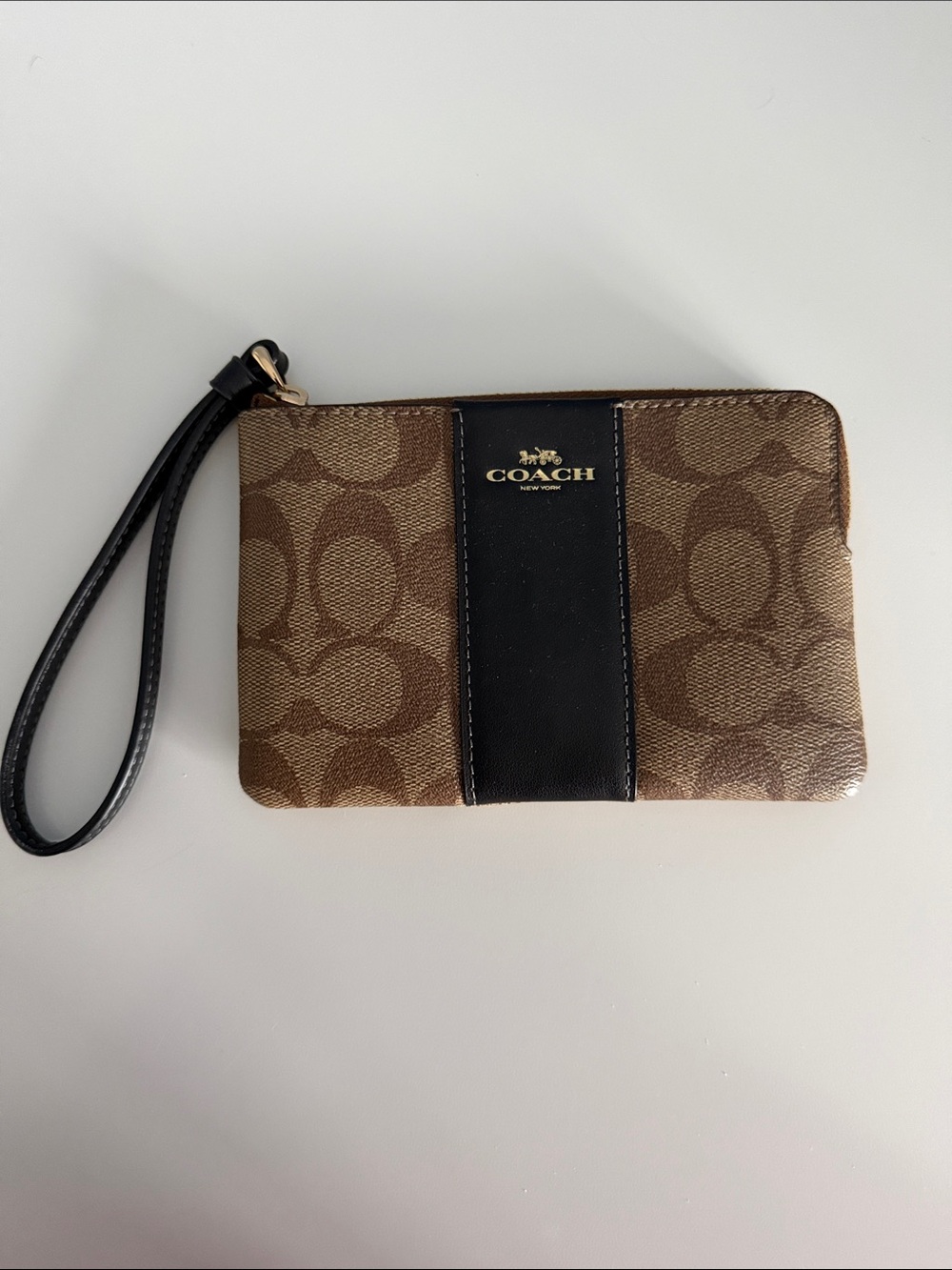 Coach Brown Signature Canvas Wristlet with Black Center Stripe